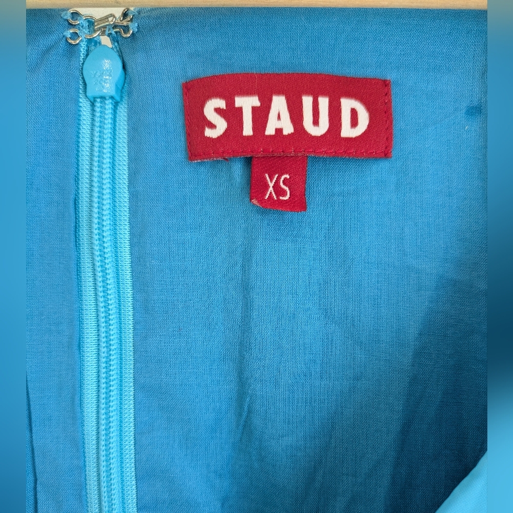 STAUD Meadow Color Block Puff Sleeve Tiered Maxi Dress Blue Black Olive Runway - Picture 10 of 13